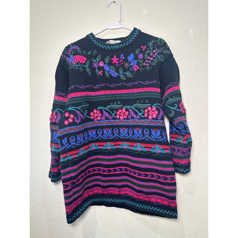Amanda Smith Vintage Floral Knit Sweater Black Pink Purple Cotton Tunic Size S